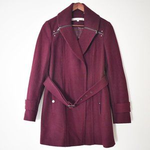 Kenneth Cole plum pea coat with hidden zipper and belt size 4